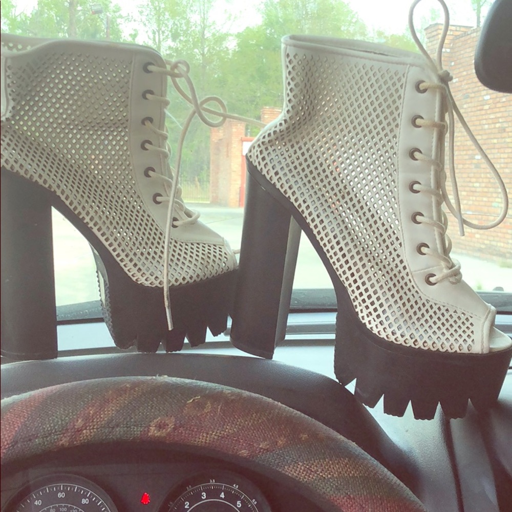 White fishnet platform heels